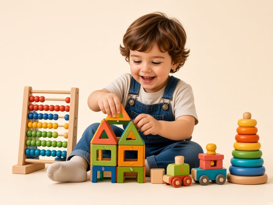 Toddler playing with wooden blocks, train and stacking rings